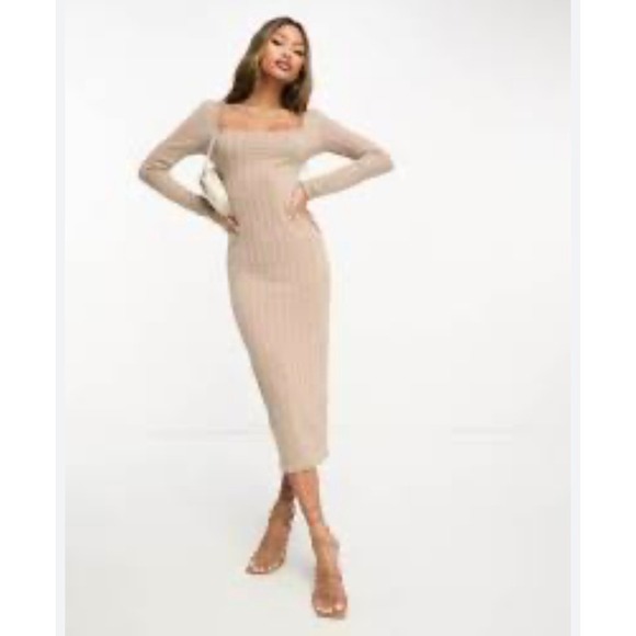 ASOS DESIGN Dresses & Skirts - ASOS Womens Ribbed Knit Midi Dress Tan Taupe Square Neck Long Sleeve US 10